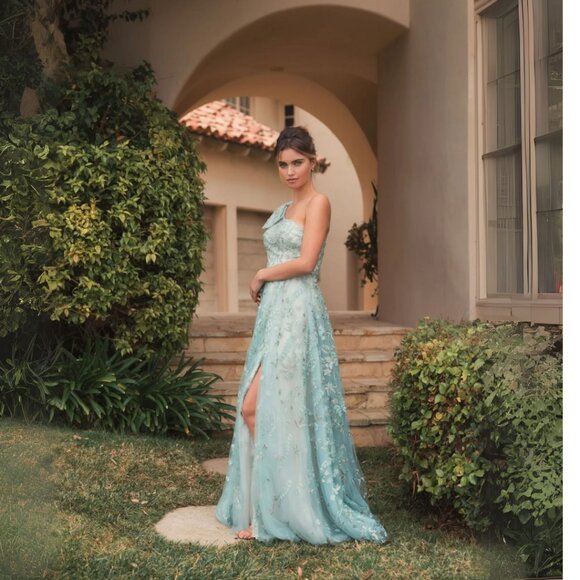 Mac Duggal 11177 Size 8 Sage Green Embellished Bow One Shoulder Aline Gown Dress - Picture 3 of 6